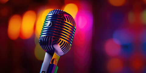 Microphone, close up shot, neon blue color palette. Microphone on blurred club background with copy space. Banner template for karaoke club. 