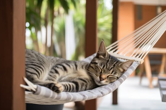 Cat is peacefully sleeping in a hammock. Generative AI