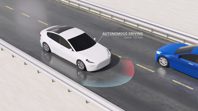 Autonomous car on highway road with radar scan, futuristic self driving electric vehicle with smart artificial intelligence technology, aerial view of wireless drive navigation concept 3d rendering