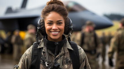 Female African American fighter pilot soldier stands outside her fighter jet - generative AI.