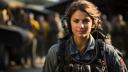 Fototapeta na wymiar Female fighter pilot soldier standing outside her fighter jet - generative AI.