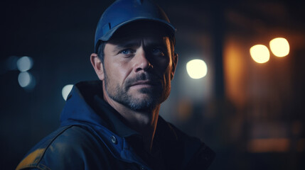 Obraz premium Factory Laborer An experienced individual focused on the job at hand his face illuminated by the lights of the factory and a hint of contentment in his eyes.