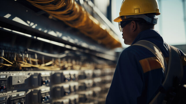 An insulator points to soing in the distance with one hand spool of wiring in the other. The worker wears a white hard hat yellow safety glasses and a navy blue jumpsuit as they inspect soing near