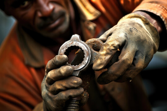 Maintenance Worker grunts with effort as their spasmodic motions wrench a rusty bolt out of its housing.