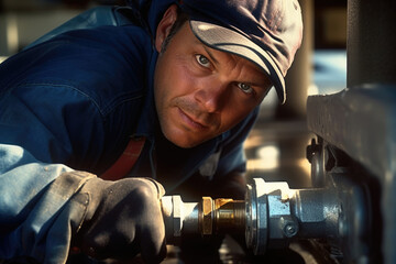 A Sprinkler Fitter attaches a spigot to a valve ting off the flow and making sure that the water supply wont be overdrained. His face is illuminated by the afternoon light and his expression is