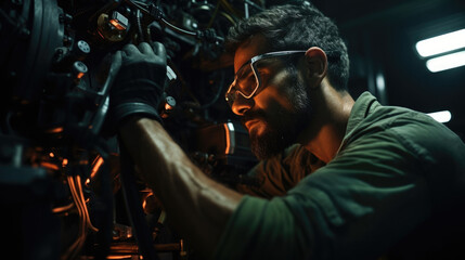 Fototapeta na wymiar The Machinery Mechanic peers intently through a pair of safety goggles studying the machinery before him as he searches for the cause of the breakdown.