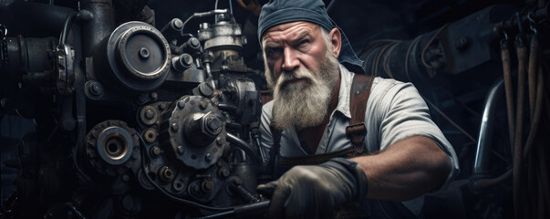 Obraz na płótnie Canvas The Machinery Mechanic confidently mounts a huge engine to securely fix it into place a passion for the craft evident on their face.