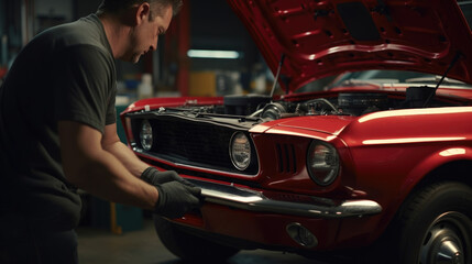 on the task at hand a Car Mechanic stands next to a classic red Mustang arms outstretched as he points out the intricate details of the engine underneath the hood.