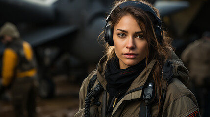 Female African American fighter pilot soldier stands outside her fighter jet - generative AI.