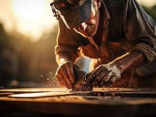 A sheet metal mechanics face glistens with perspiration on a hot day their precision ting tools held firmly in their hands. The suns rays shine a spotlight on the focus of the artisan highlighting