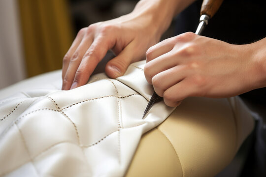 An upholsterer reupholsters a cushioned chair a white glove on one hand and scissors in the other ting and pinning the fabric in the exact place.
