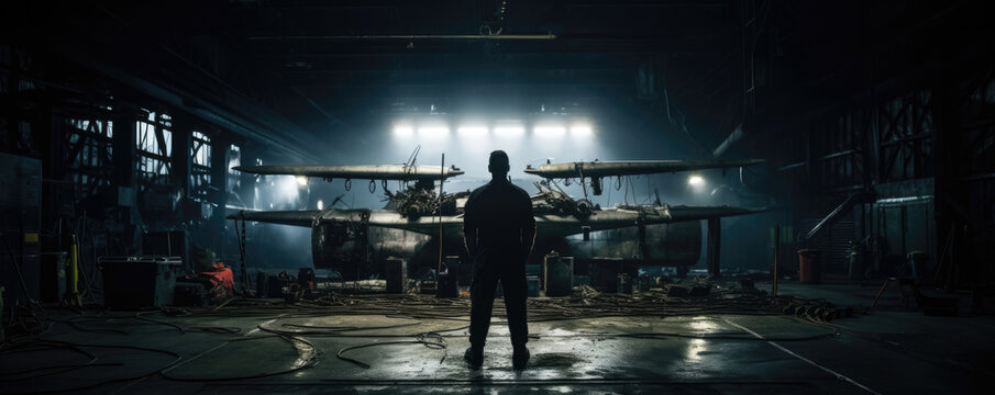 Facing away from the camera a solitary aircraft mechanic stands in a dimly lit hangar the light of a welding torch silhouetting his form. His experienced hands guide the fine features of the engine