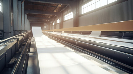 Automated conveyor belt transporting freshly and folded sheets of paper onto trucks for shipment.