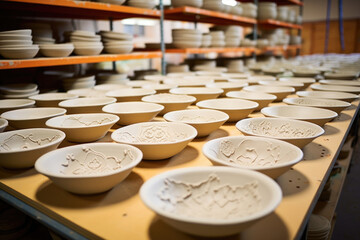 Wideangle view of a room filled with ceramic dishes of various sizes and shapes. Most of the dishes have a glaze applied and are being prepared for drying and firing.