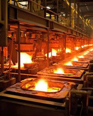 Large machines firing out molten glass from their points and splashing against a sheet of glass at the end of a large assembly line.