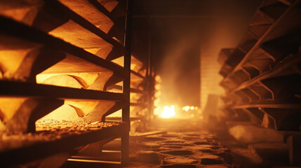 Closeup shot of a kiln being filled with an array of ceramic pieces. The kiln is glowing with extreme heat as the pieces settle onto the racks.