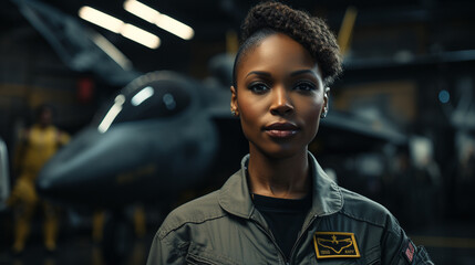 Fototapeta na wymiar Female African American fighter pilot soldier stands outside her fighter jet - generative AI.