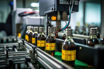 An upclose shot of a robotic arm carefully placing the labels onto the beverage bottles. The robotic arm is moving the labels into the exact position before sealing them onto the bottles.
