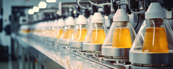 A view of a production line whirring away with dozens of blenders mixing small batches of face masks.