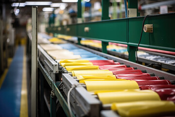 Fototapeta premium Conveyor belts filled with various neatly wrapped cleaning products ready to be shipped out and used in households all over the world.