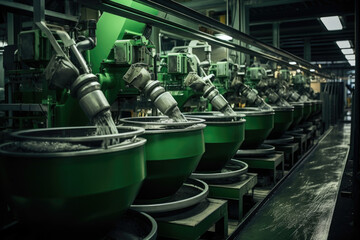 An image of a production line for mixing different rubber compounds The image shows a production line in a tire manufacturing plant. It consists of several stainless steel mechanical arms each