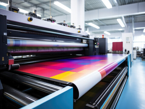 A close up of a large offset printing press running a long sheet of paper with a colorful design and text.