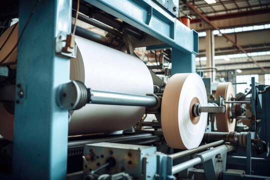 Close up shot of an industrial papermaking machine with a series of large cylindrical rollers and thin wires that press paper into sheets.