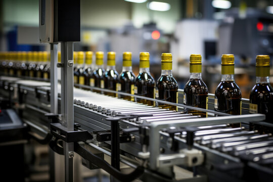 An angled view of a conveyor system featuring several robotic arms in the background is seen. The arms are picking up bottles and placing them onto the conveyor.
