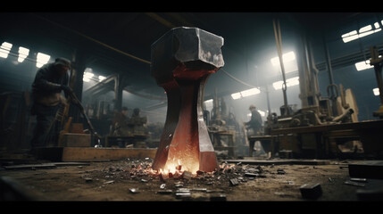 A wide view of a large anvil inside of a factory. The anvil is slowly pounding and banging metal pieces into desired shapes using a hammer.