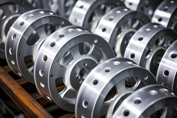 A close up shot of aluminium wheels being manufactured. The metal is being tensioned & heated in order to produce round discs with circular patterns. The discs will eventually be cooled and coated