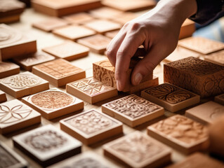 Closeup shot of a worker manually pressing various patterns and designs into tiles with a wooden stamp.