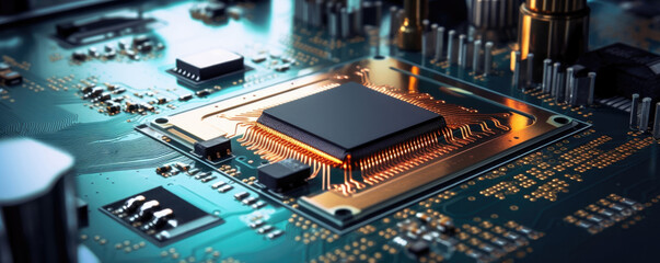Magnified view of a processor chip clearly showcasing its individual transistors and miniaturized components along with a solder being applied to the chips surface to fasten it to its printed circuit - obrazy, fototapety, plakaty