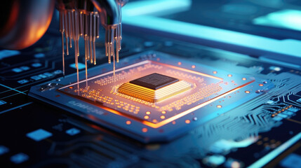 closeup shot of a semiconductor chip being coated with a protective layer in a semiconductor manufacturing facility. The chip is being sprayed with a protective coating that helps to protect it - obrazy, fototapety, plakaty