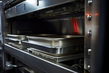 A steel conveyor belt slowly moving along carrying a wide variety of freshly produced microwave ovens.