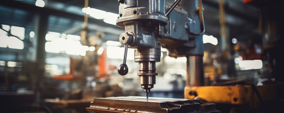 A closeup shot of a drill press inside of a factory. The drill press is slowly boring holes into different sizes of steel blocks of various shapes using a spinning drill bit.