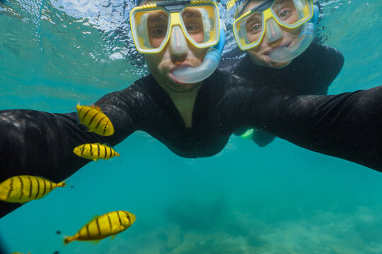 young couple doing snorkeling with stinger suits in the great barrier reef