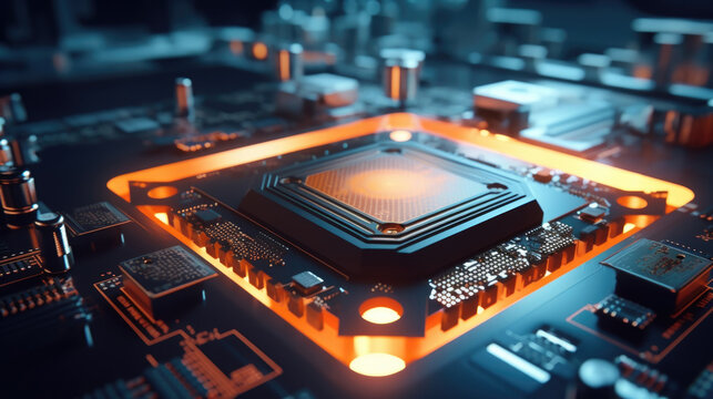 closeup shot of a semiconductor chip being tested for any defects in a semiconductor manufacturing facility. The chip is p inside a testing machine and then scanned for any anomalies or faults