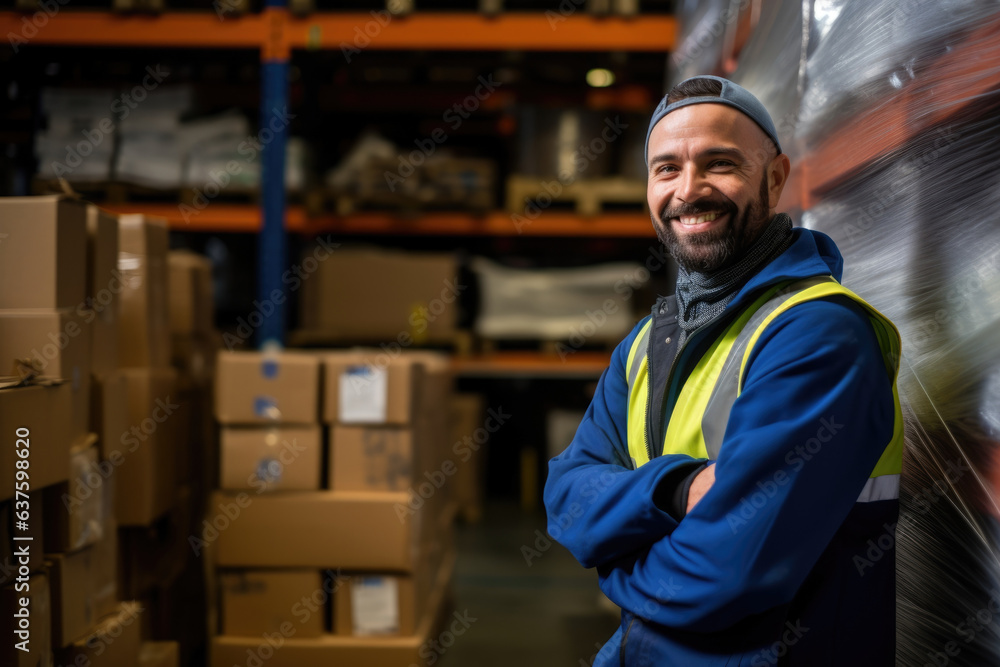 Poster a production worker takes a break from their work standing in a brightly lit factory surrounded by h