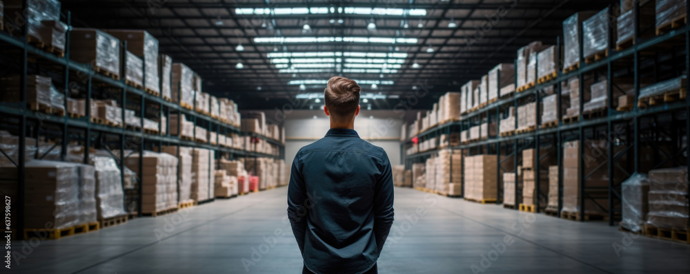 Poster a warehouse associate stands in the center of an empty aisle hands clasped in front of them as they 