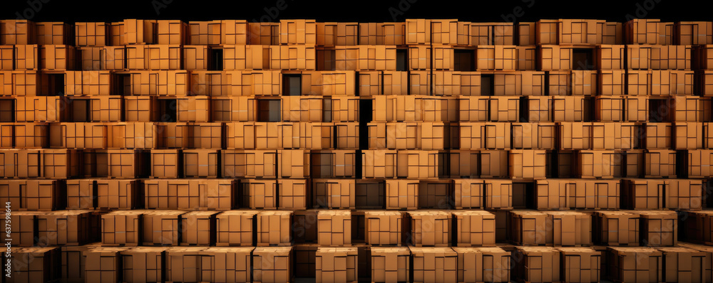 Poster a midrange shot of a warehouse filled with neatly stacked rows of finished packaging boxes ready to 