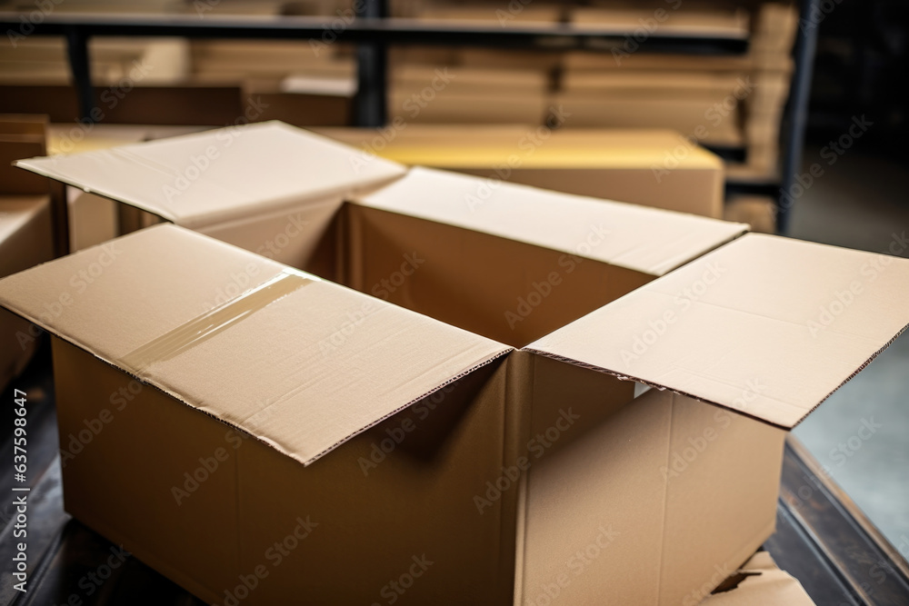 Poster a closeup of a large cardboard box being filled to capacity with various items for packaging and shi