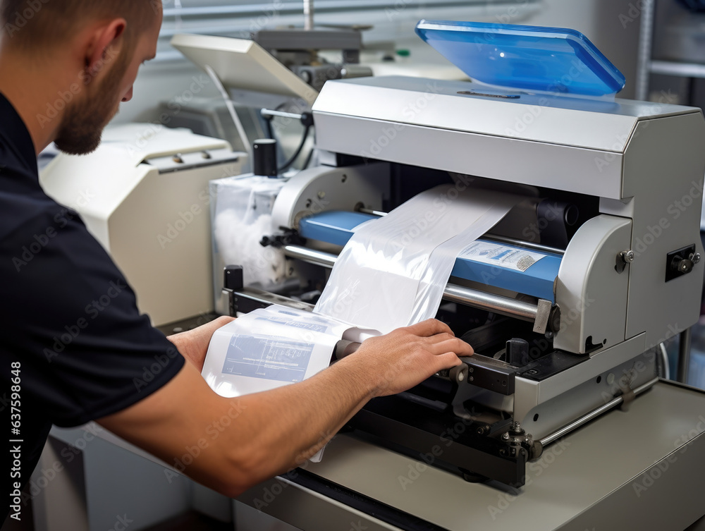 Poster a closeup of a worker using a computeroperated machine to print instructions onto plastic and paper 