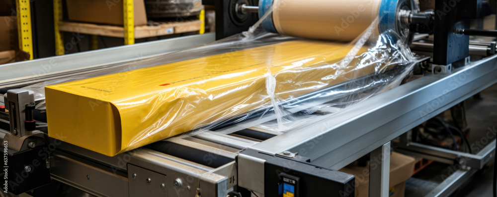 Poster a closeup of a pallet wrapping station where workers are using a mechanized wrap machine to protect 