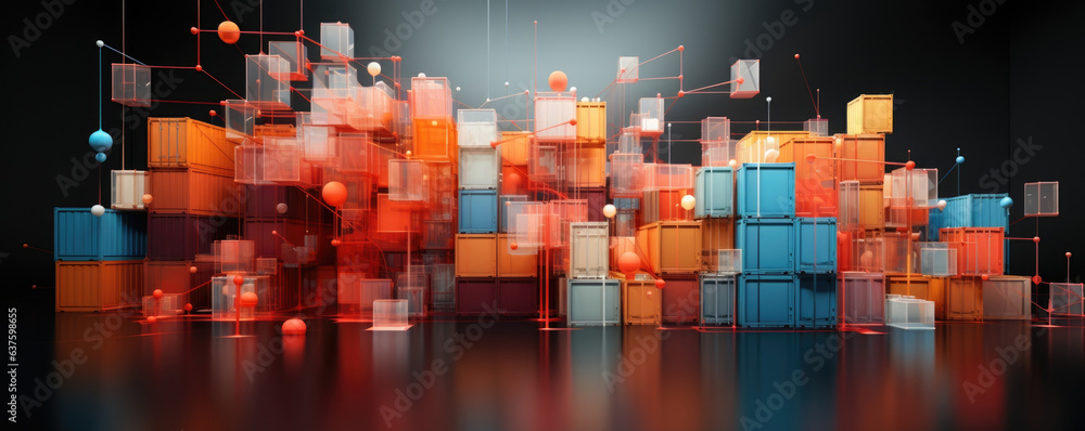 Poster an intricate web of delivery lines with containers of products coming in from all directions on the 