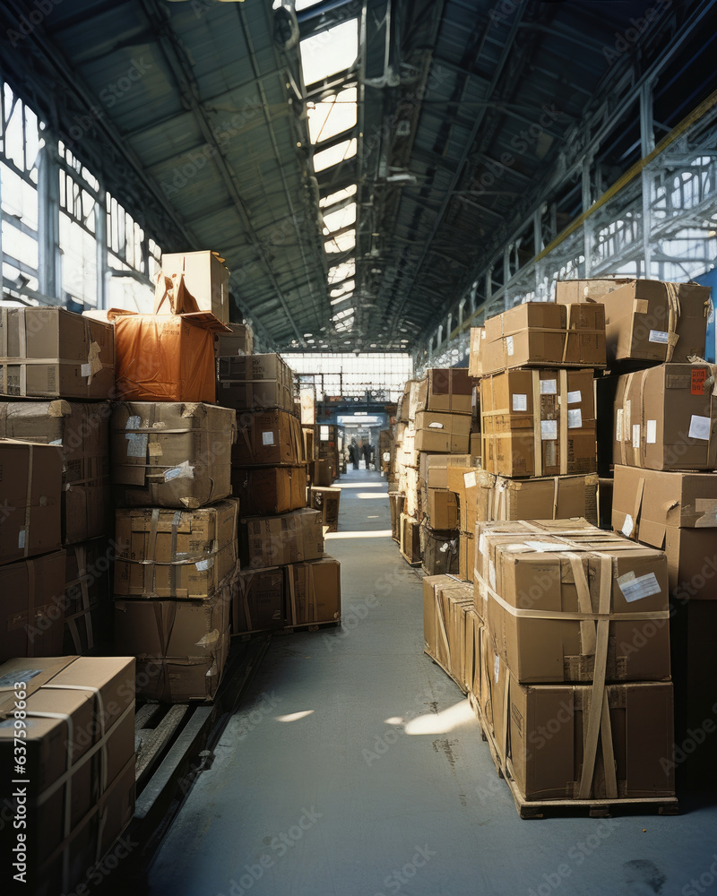 Poster an openair warehouse with rows and rows of boxes tightly packed and secured with twine.