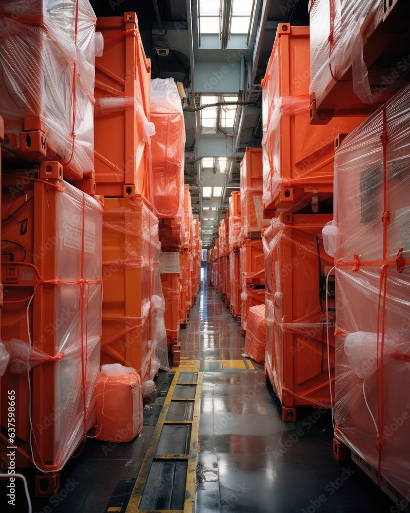 Poster a vast space filled with containers towering stacks of crates and boxes and automated machines whirr