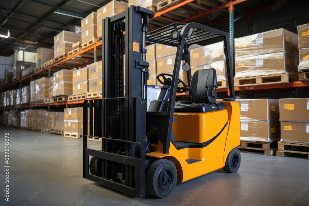 Poster a forklift picking up cargo boxes from a line of neatly ordered stacks.