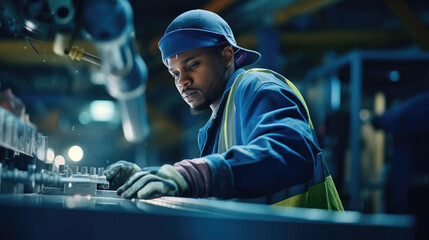 In a vibrant factory setting a factory worker is pictured wearing a bright blue hardhat while working on a complicatedlooking piece of machinery. With a stoic expression they focus on the task