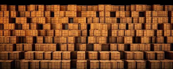 A midrange shot of a warehouse filled with neatly stacked rows of finished packaging boxes ready to be shipped.