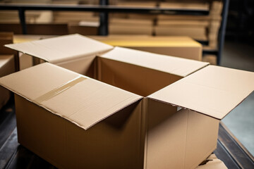 A closeup of a large cardboard box being filled to capacity with various items for packaging and shipping.